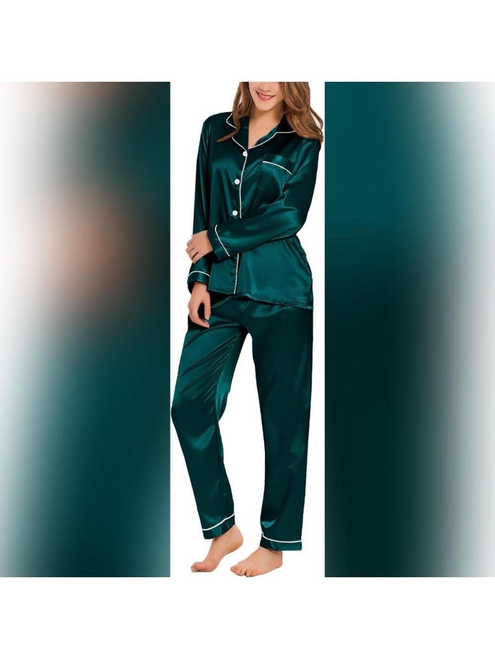 NWT SWOMOG Long Sleeve Button Down 2 Piece Silk Satin Pajama Set, XL